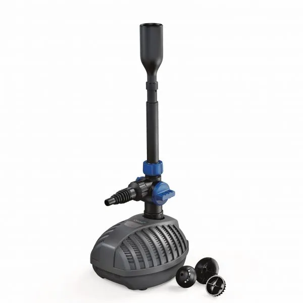 „Aquarius Fountain Set Classic 2000 E – schwarzer Tauchpumpen-Brunnen mit höhenverstellbarem Teleskoprohr, austauschbaren Düsenaufsätzen und blauen Verstellteilen, geeignet für Garten- und Teichinstallationen“